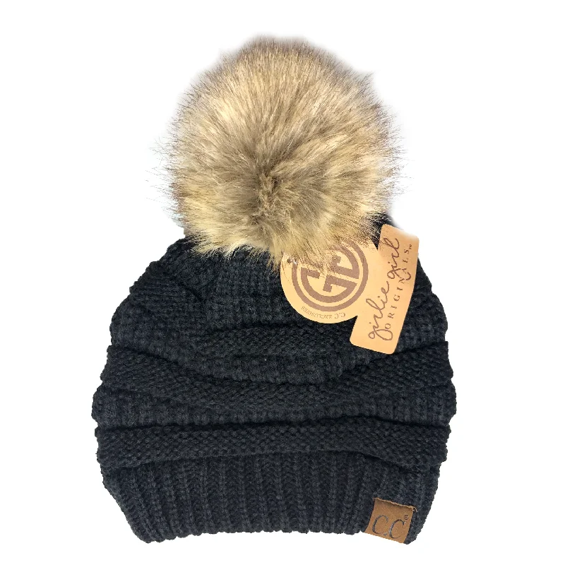 Hat-43 BEANIE W/FAUX FUR POM - BLACK