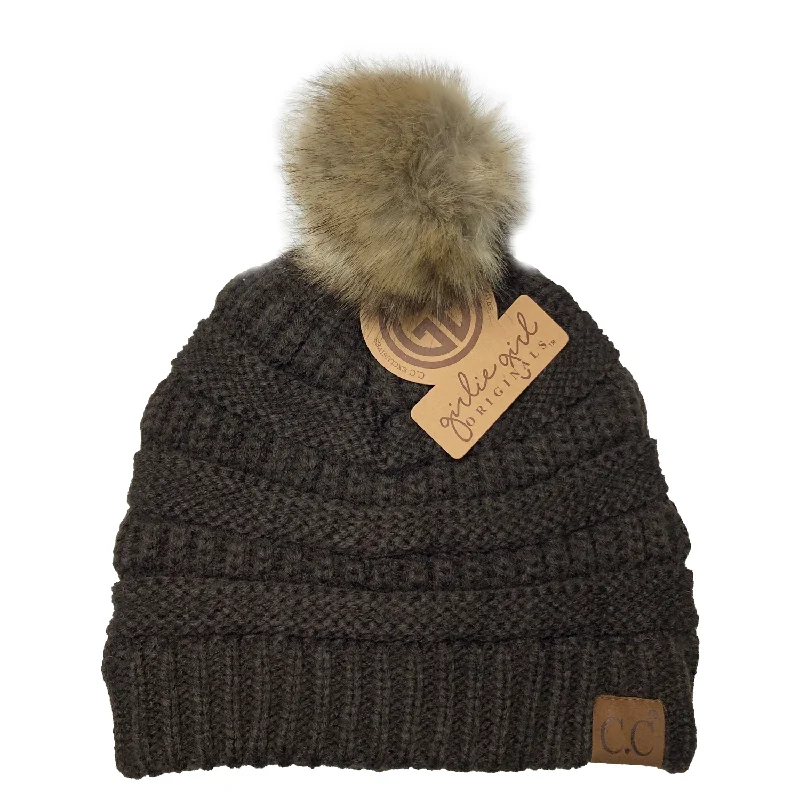 Hat-43 BEANIE W/FAUX FUR POM - BROWN