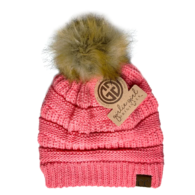 Hat-43 BEANIE W/FAUX FUR POM - CORAL