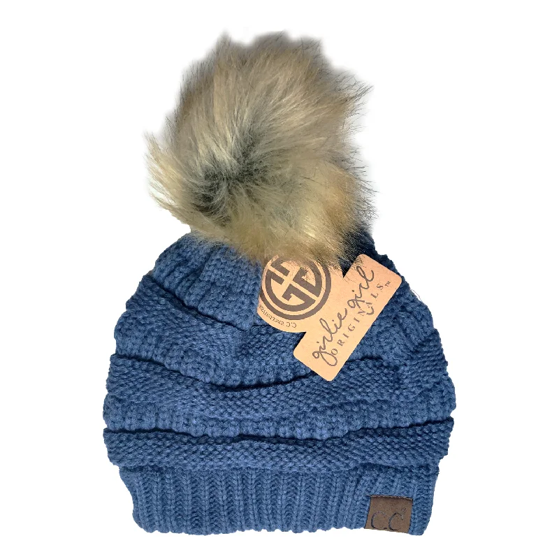 Hat-43 BEANIE W/FAUX FUR POM - DARK DENIM