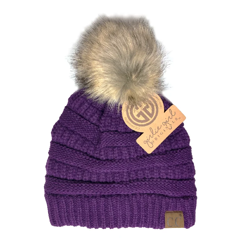 Hat-43 BEANIE W/FAUX FUR POM - DARK PURPLE