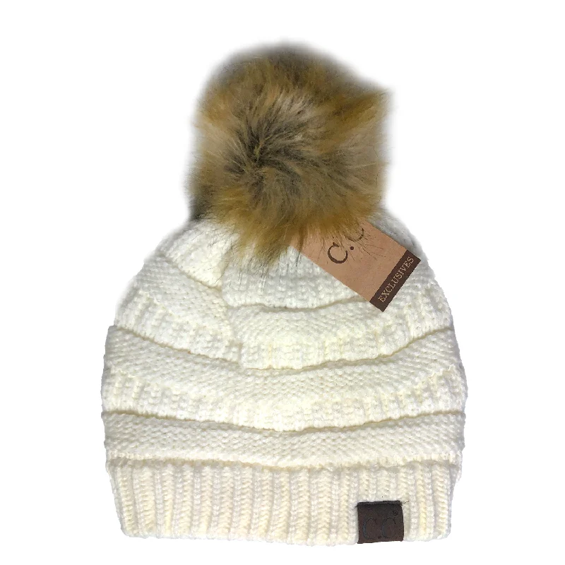 Hat-43 BEANIE W/FAUX FUR POM - IVORY