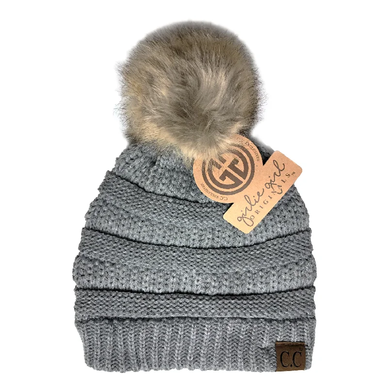 Hat-43 BEANIE W/FAUX FUR POM - LIGHT MELANGE GREY