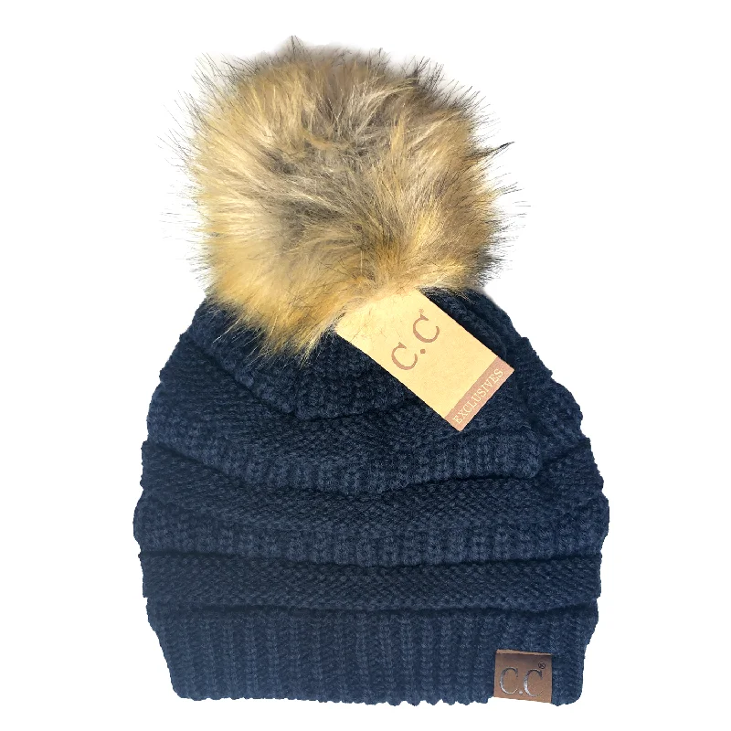 Hat-43 BEANIE W/FAUX FUR POM - NAVY