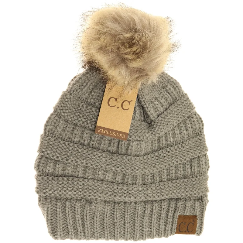 Hat-43 BEANIE W/FAUX FUR POM - NEW SAGE