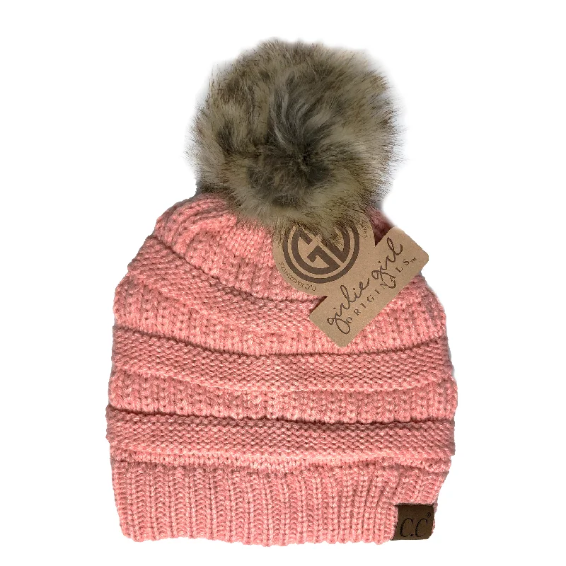 Hat-43 BEANIE W/FAUX FUR POM - PEACH