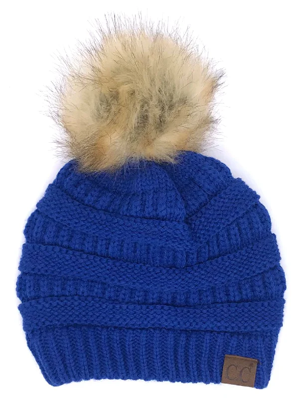 Hat-43 BEANIE W/FAUX FUR POM - ROYAL