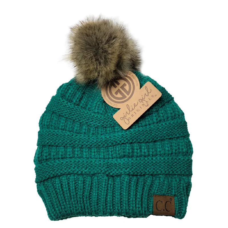 Hat-43 BEANIE W/FAUX FUR POM - SEAGREEN