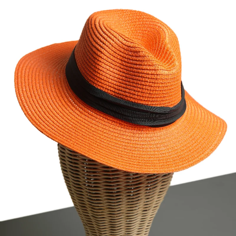 Chokore Straw Fedora Hat with Wide Brim (Orange)