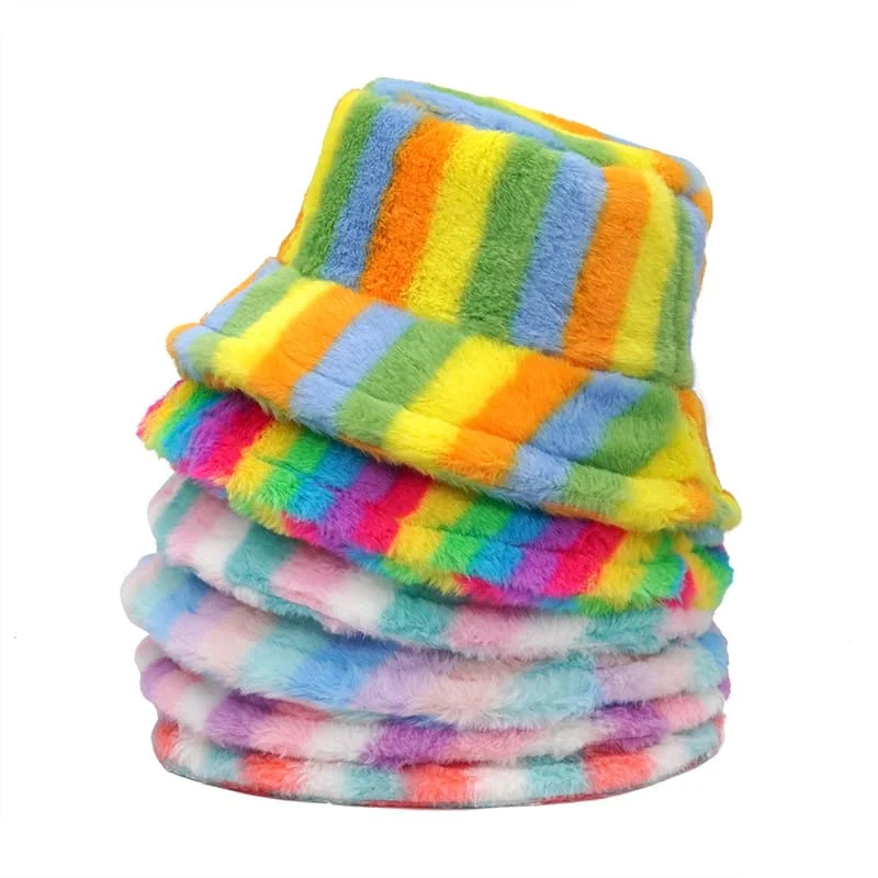 Colourful Striped Fur Bucket hat