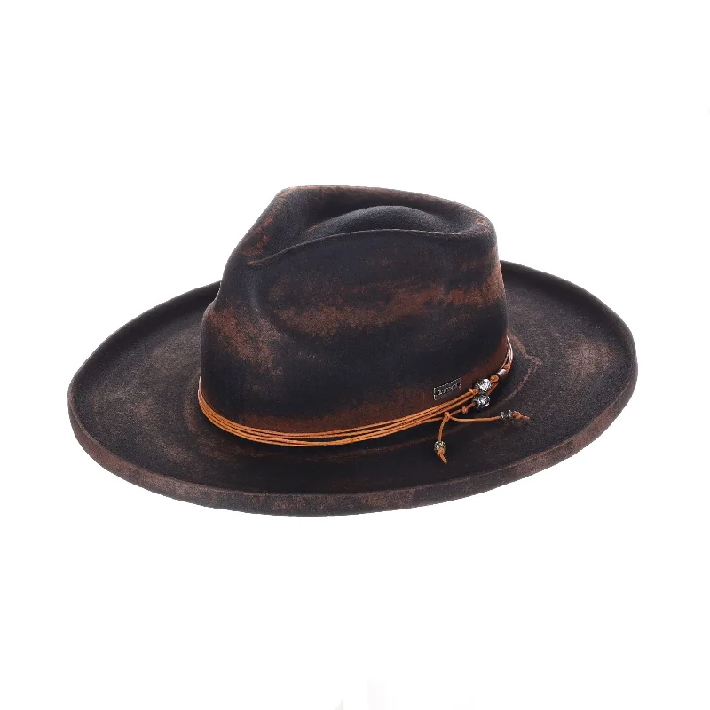 DapperFam Brownstone Distressed Wide Brim Wool Fedora