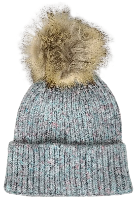 Hat-2074 Beanie with Faux Fur Pom Aqua Multi