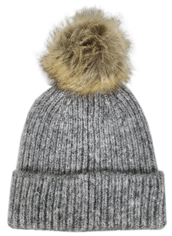 Hat-2074 Beanie with Faux Fur Pom Melange Grey