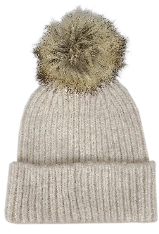 Hat-2074 Beanie with Faux Fur Pom Oatmeal