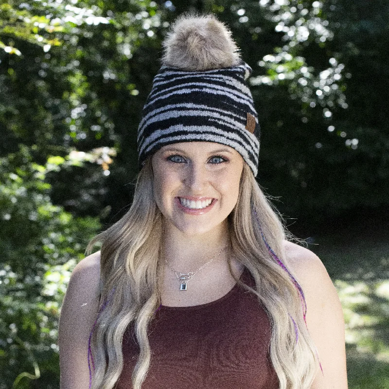 HAT-3607 Zebra Stripe Beanie w/Faux Fur Pom Black/Grey