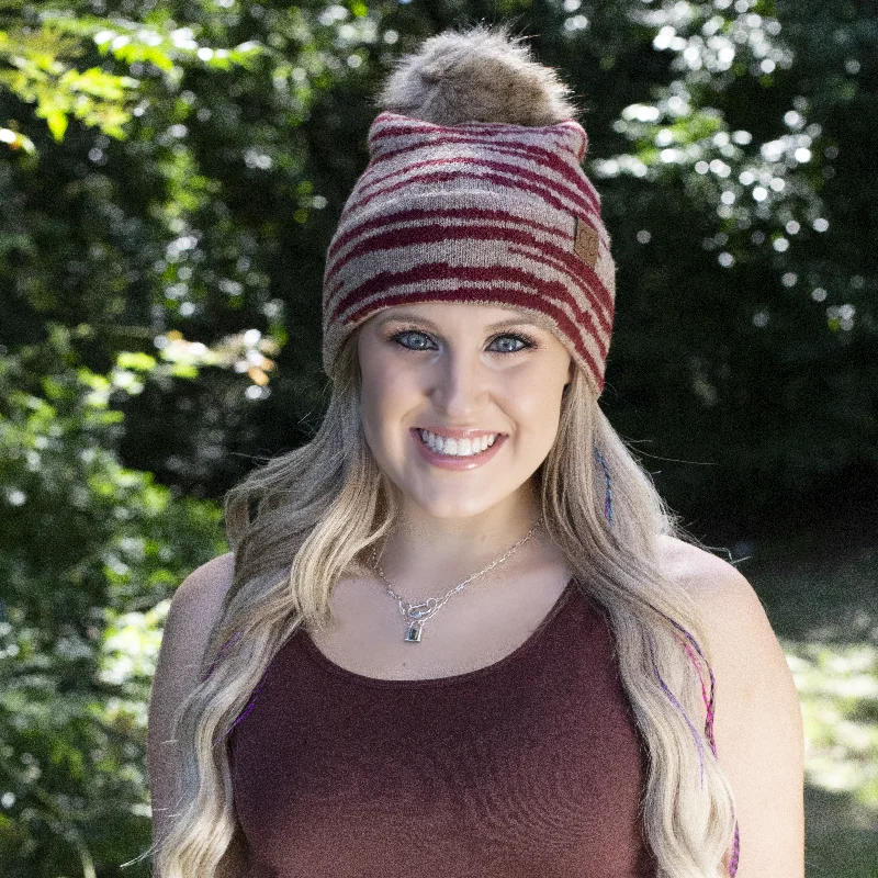 HAT-3607 Zebra Stripe Beanie w/Faux Fur Pom Burgundy