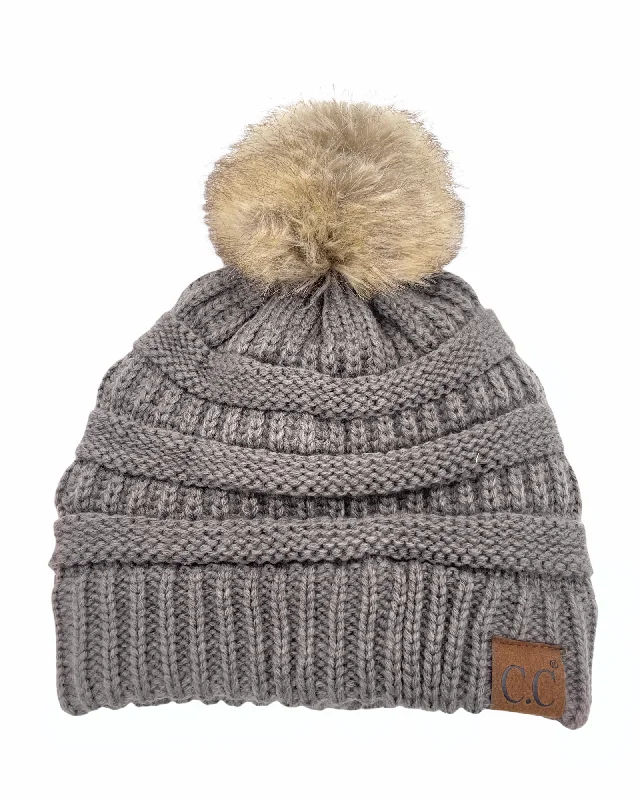 Hat-43 BEANIE W/FAUX FUR POM - EARTH GREY