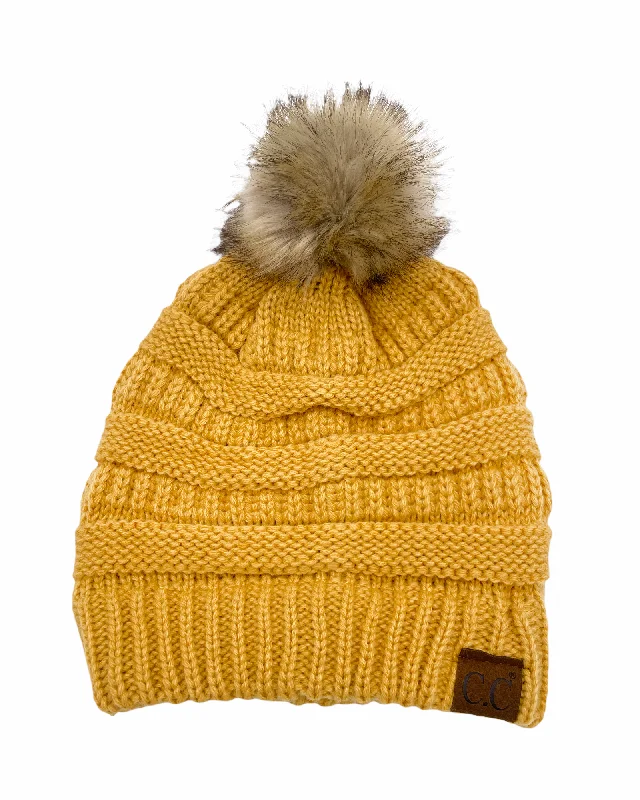 Hat-43 BEANIE W/FAUX FUR POM - HONEY MUSTARD