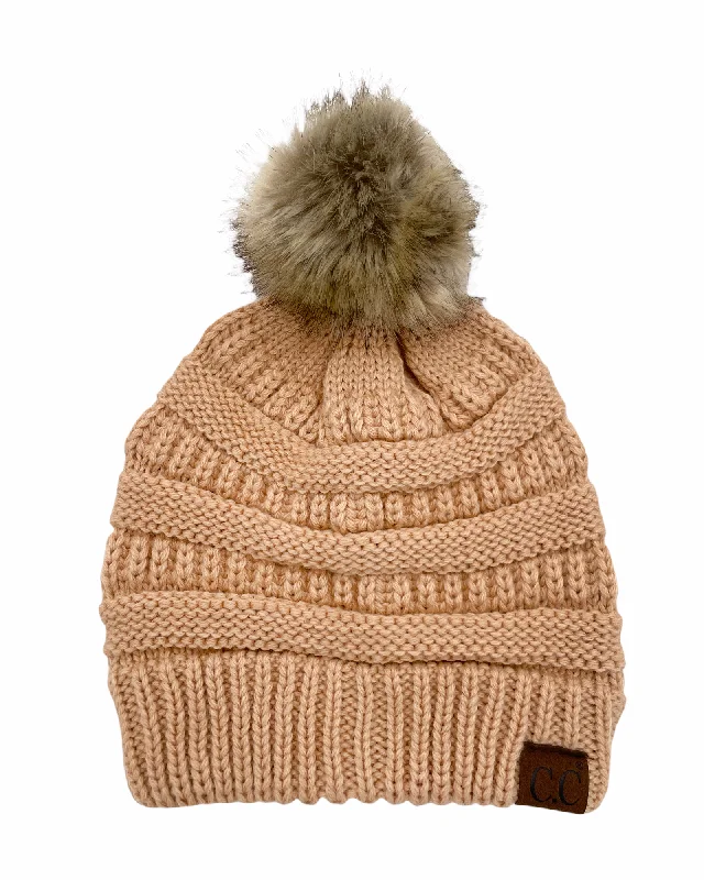 Hat-43 BEANIE W/FAUX FUR POM - SAND