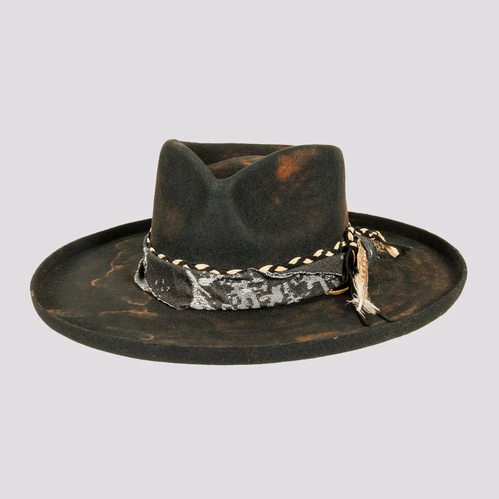 Lenny | Mens Distressed Wool Felt Teardrop Wide Brim Fedora Hat