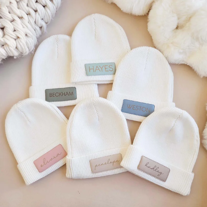 Personalized Newborn Leather Patch Beanie | All Colors