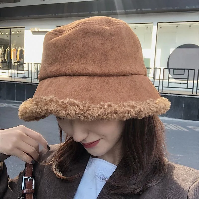 Warm Women Bucket Hat Winter Suede Artificial Fur Thick Warm Plush Cap