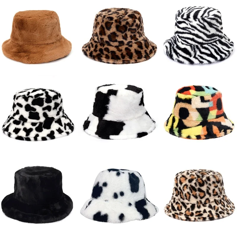 Winter Cow Leopard Faux Fur Fluffy Bucket Hats Women Outdoor Warm Hat