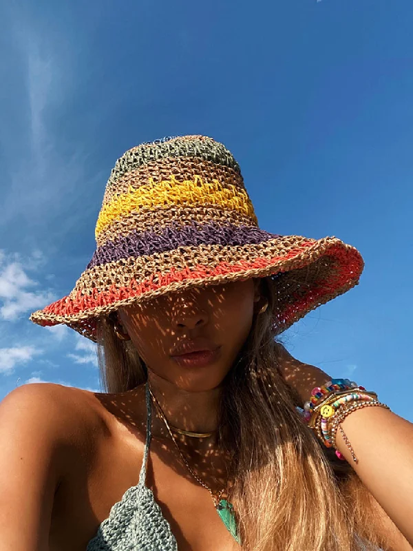 Woman Sun Straw Handmade Rainbow Striped Crochet Beach Bucket Hat