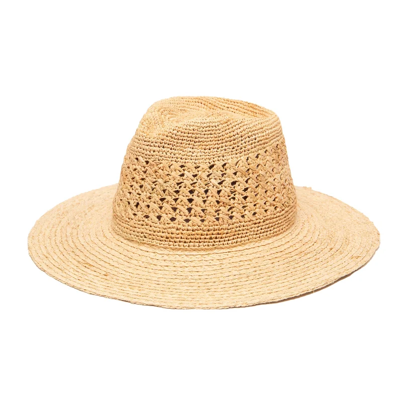 Women's Mixed Raffia Fedora w/ Hand Crochet Crown & Raffia Braid Brim