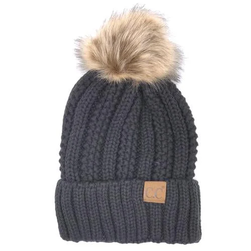 YJ-820 SHERPA LINED BEANIE W/FAUX FUR POM - DARK MELANGE GREY