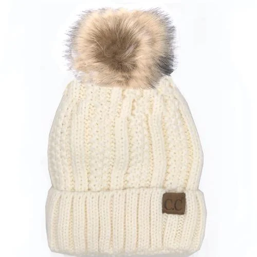 YJ-820 SHERPA LINED BEANIE W/FAUX FUR POM - IVORY