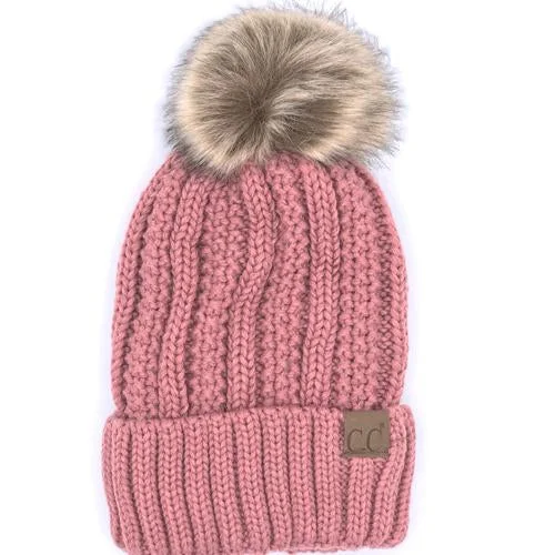 YJ-820 SHERPA LINED BEANIE W/FAUX FUR POM - MAUVE