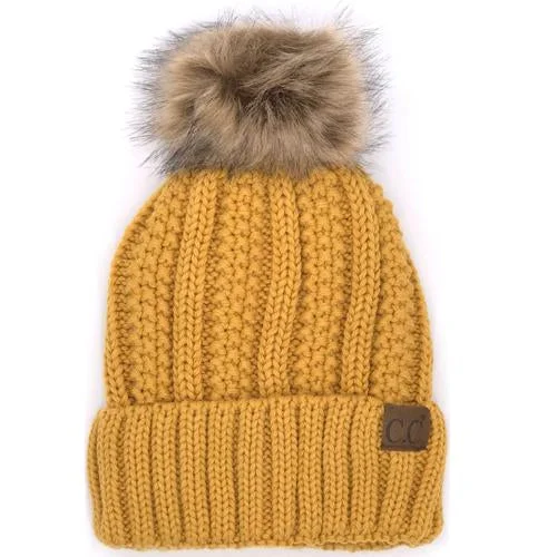 YJ-820 SHERPA LINED BEANIE W/FAUX FUR POM - MUSTARD