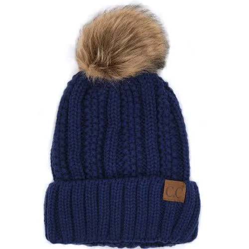 YJ-820 SHERPA LINED BEANIE W/FAUX FUR POM - NAVY