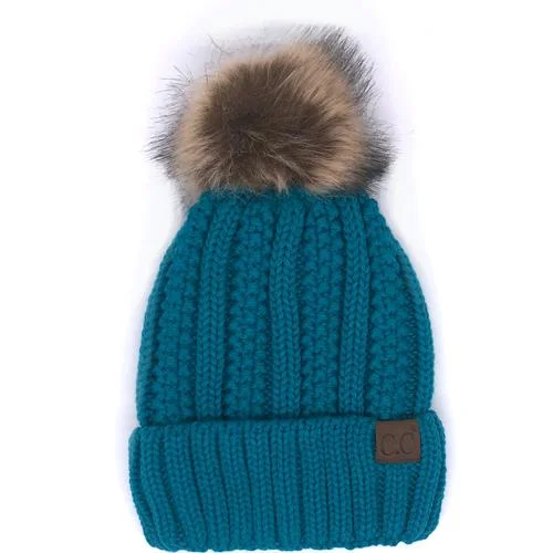 YJ-820 SHERPA LINED BEANIE W/FAUX FUR POM - TEAL