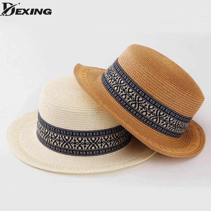 Flat Top Summer Straw Hat with Decorative Band