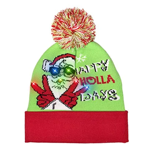 Light Up Happy Holla Days Knit Pom Pom Beanie Hat