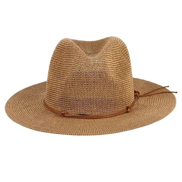 Straw Sun Hat with Leather Ribbon Hatband